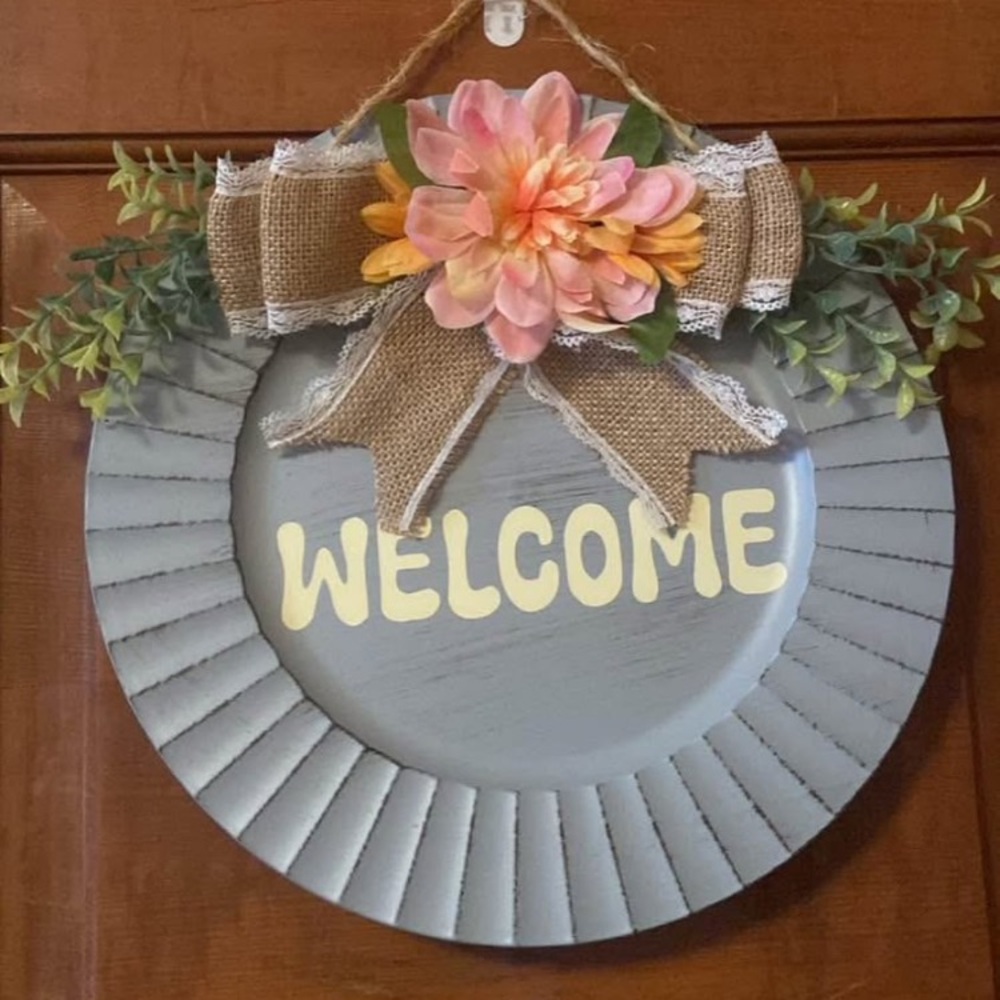 Homemade Gray Welcome Wreath with Pink and Yellow Accents